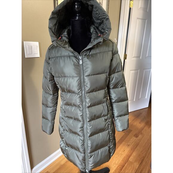 Save The Duck Green Long Puffer Quilted Jacket Coat M hooded zipper Womens New - Picture 1 of 13